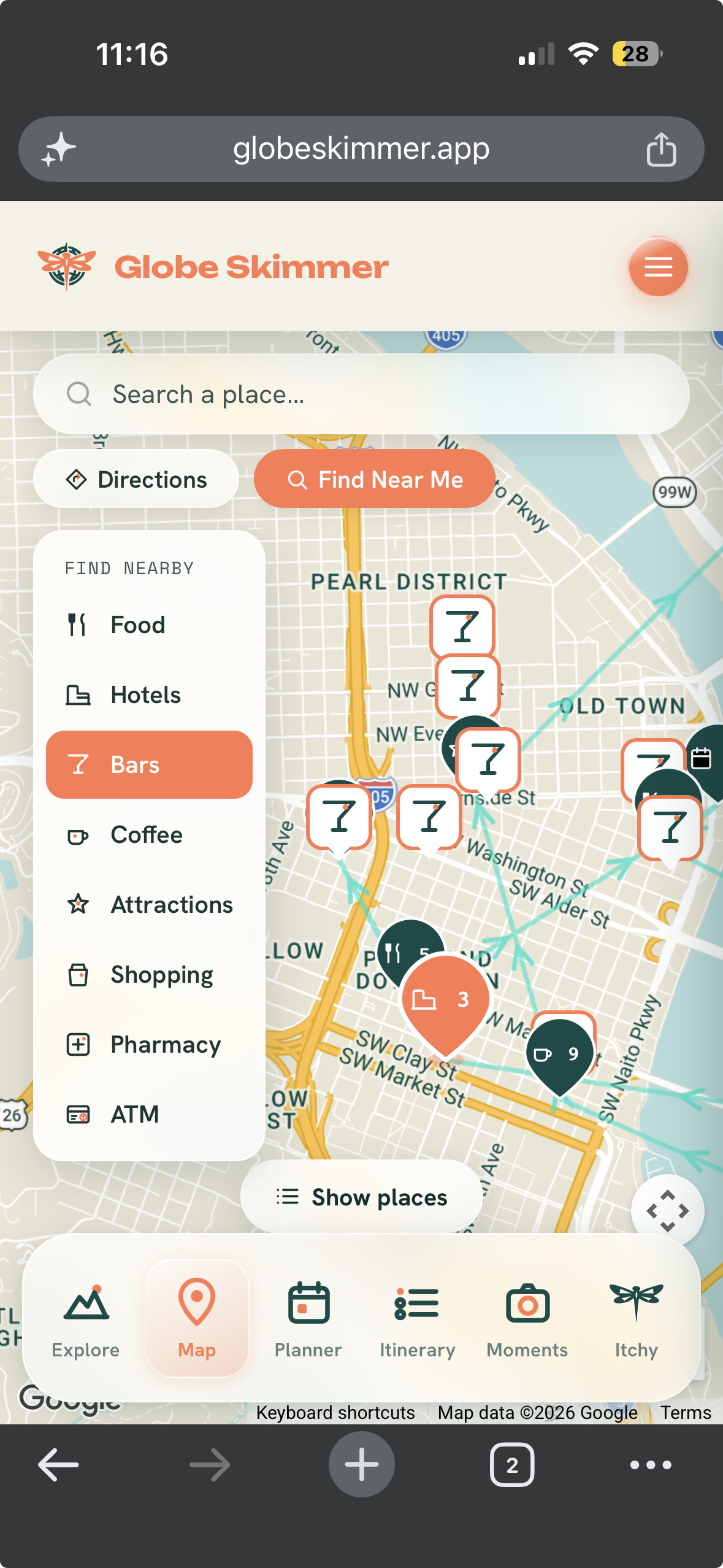 Globe Skimmer map view on mobile, showing nearby places filtered by category around a saved hotel
