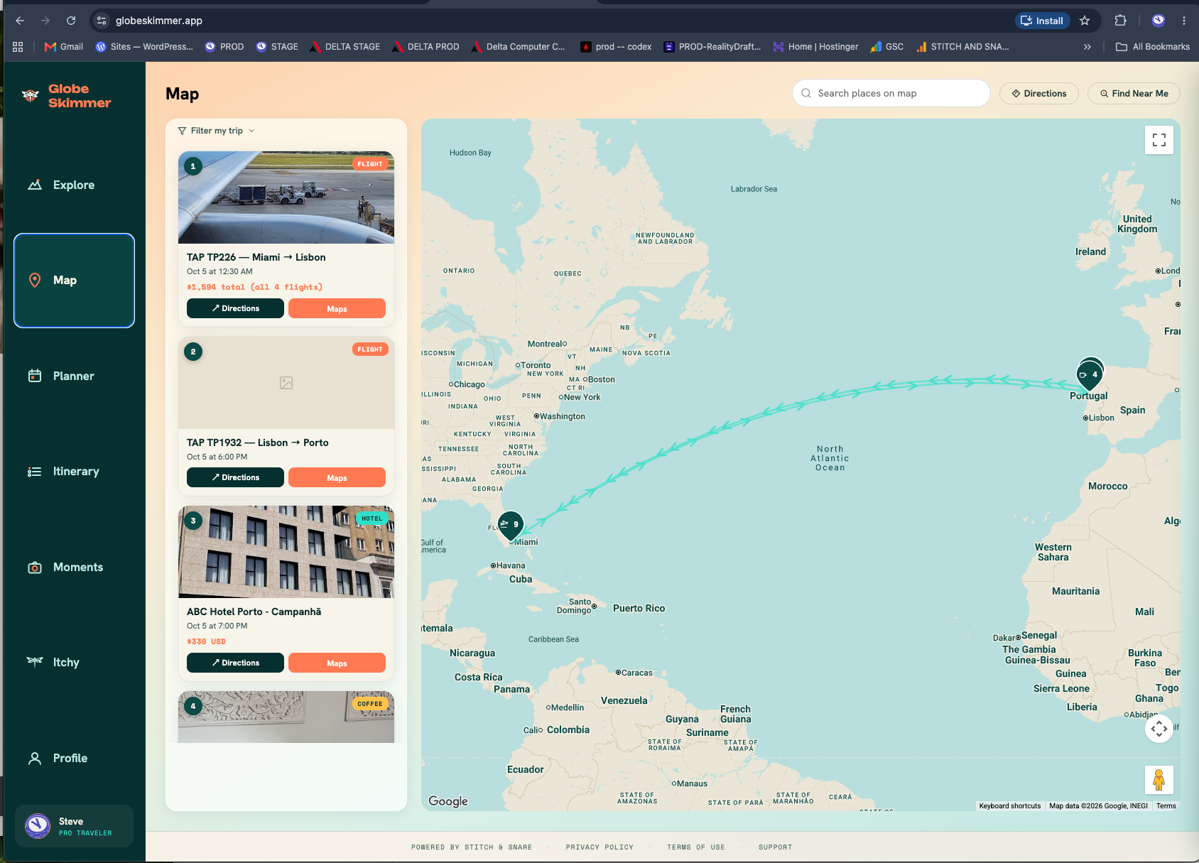 Globe Skimmer map view on desktop, showing nearby places filtered by category around a saved hotel